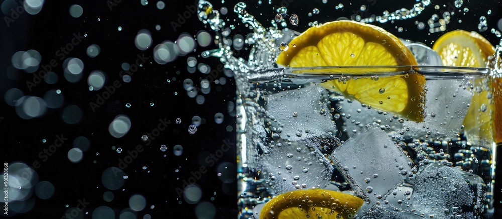 Leinwandbilder fresh cold carbonated water with ice lemon slices and soda on black background with copy space image