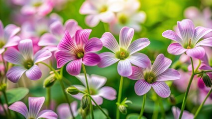 Delicate, clover-like oxalis flowers bloom in shades of pink and white, with intricately shaped leaves, against a blurred green background, evoking serenity and simplicity.