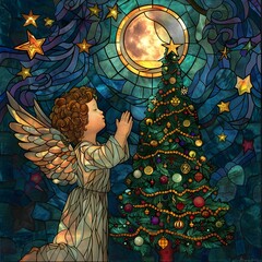 stained glass window in notre dame cathedral, christmas tree, Stained glass window in church, Christmas, Santa Claus