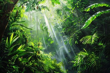 Fototapeta premium Sunlit leaves and vines in a dense green rainforest