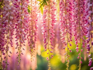 Obraz premium Softly focused pink wisteria flowers cascade down a serene background, creating a peaceful and idyllic atmosphere perfect for travel, web, and banner designs.