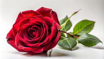 Naklejka premium A lone, velvety red rose in full bloom, with delicate petals and subtle sheen, sits elegantly isolated against a pristine white background.