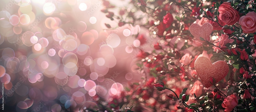Poster Valentine s Day greeting enhanced by a picturesque floral backdrop with emphasis on selected elements with space to add text or elements in the picture. Creative banner. Copyspace image