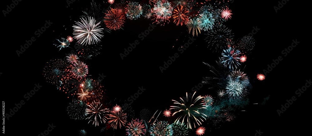 Leinwandbilder Fireworks form a colorful circular frame on a black background with copy space image