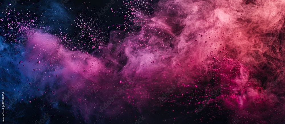 Poster Color powder exploded freezing its motion on a black background creating an abstract and vibrant copy space image