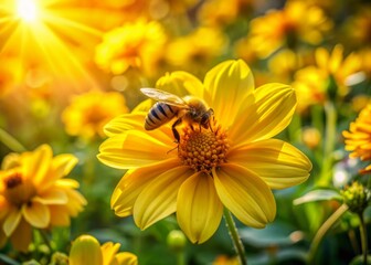 Vibrant yellow flower petals and delicate green leaves surround a busy bee collecting nectar in a serene, sun-kissed garden, set against a soft, natural flora background.