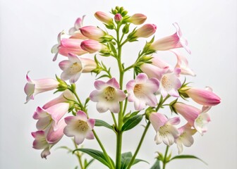 Delicate trumpet-shaped Penstemon flower with soft pink petals and white interior stands upright against a crisp white background, showcasing its elegant simplicity.