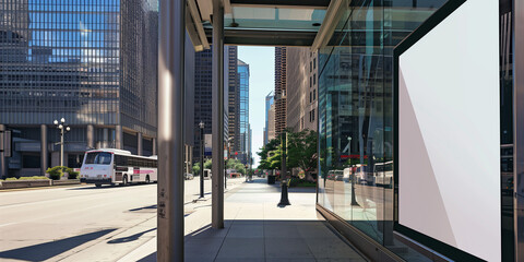 Fototapeta premium high-quality image featuring an empty poster mockup displayed at a bus stop in a bustling modern city.