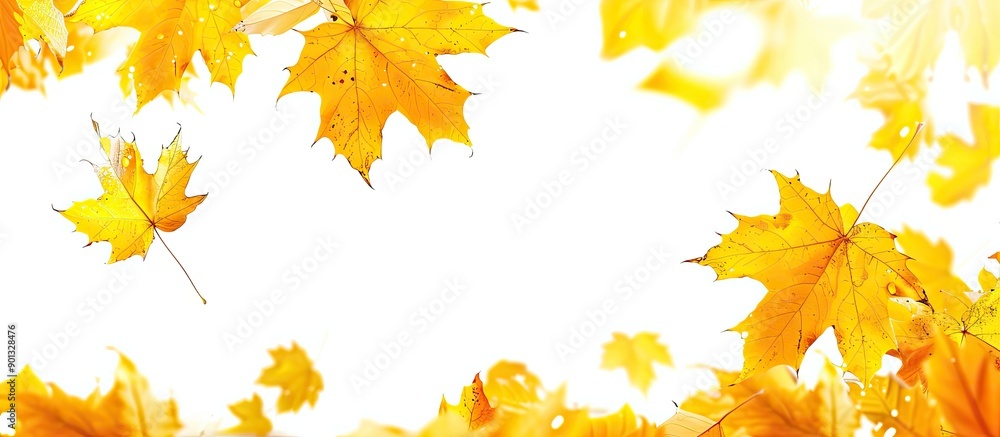 Poster autumn themed backdrop with numerous yellow maple leaves featuring a white background providing room