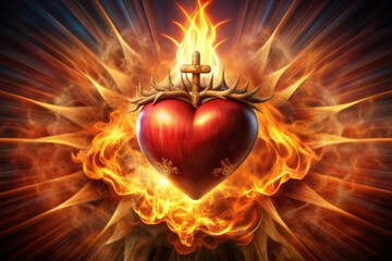 A mesmerizingly beautiful sacred heart ablaze, radiating boundless love and intense passion, set against a fiery inferno background, symbolizing devotion and eternal ardor.