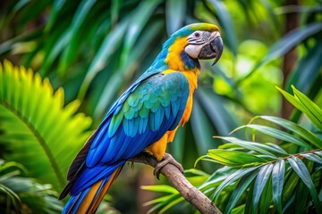 Vibrant Ara Macao, also known as Guacamayo, perches on a branch, showcasing its brilliant plumage of blue, yellow, and green feathers, set against lush green foliage.