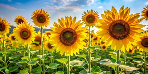 Obraz premium Vibrant yellow sunflowers with tall, slender stems and dark centers bloom in a lush hillside border against a pristine white background, showcasing their intricate inflorescence.