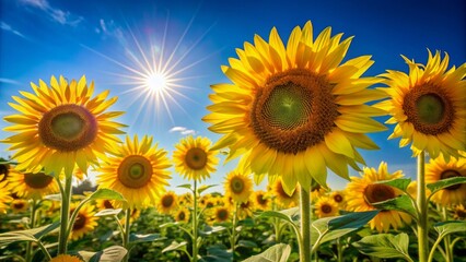 Obraz premium Vibrant yellow petals shining brightly against a clear blue sky, delicate florets sway gently in the breeze, creating a stunning sunflower background.