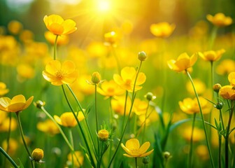 Fototapeta premium Vibrant yellow buttercups sway gently in a lush green meadow, creating a stunning floral spring wallpaper and banner with a serene natural background.