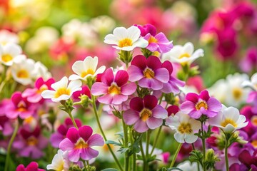 Fototapeta premium Vibrant Nemesia flowers bloom in shades of pink, white, and yellow, set against a soft, natural background with ample copy space for text or design.
