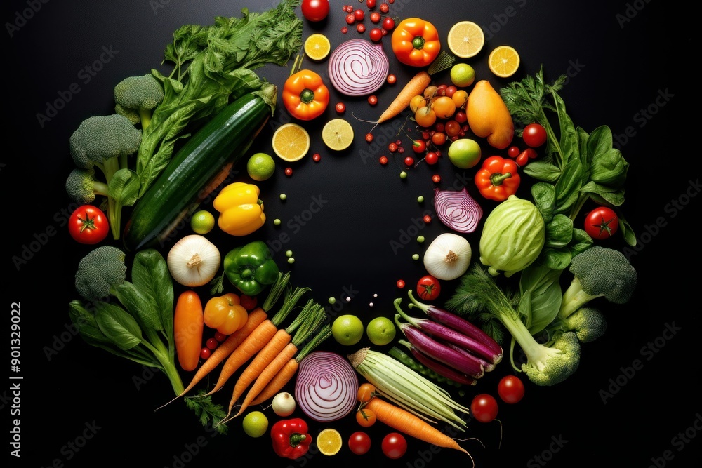 Poster overhead view of various vibrant vegetables artistically arranged in a circular pattern