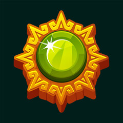 Aztec solar disk with a green round gemstone for your games or slots. Maya golden frame. Sun symbol, and diadem, representing the Aztec sun