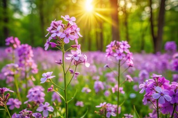 Fototapeta premium Purple flowers of Hesperis matronalis, also known as dame's rocket, bloom in a lush meadow, surrounded by green foliage and sunny serene natural landscape.