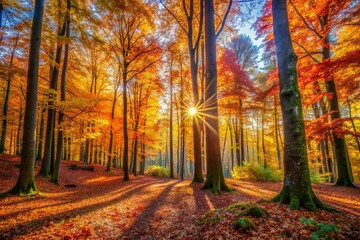 Vibrant autumn forest with a carpet of fallen leaves, tall trees with colorful foliage, and warm sunlight filtering through the branches in a serene atmosphere.