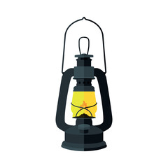 The kerosene lamp icon. A kerosene lamp is a lamp powered by the combustion of kerosene. A device for lighting. An item for hiking and sailing. Cartoon style. Retro style. Vector illustration.