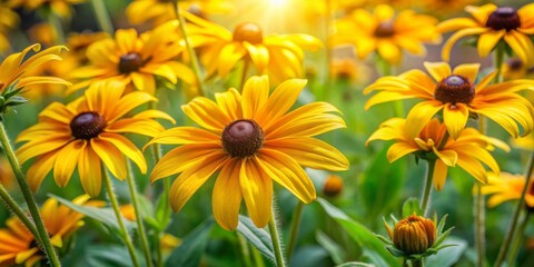 Fototapeta premium Vibrant yellow rudbeckia flowers bloom amidst lush green leaves, creating a beautiful, soft focus background with warm natural light and gentle texture.