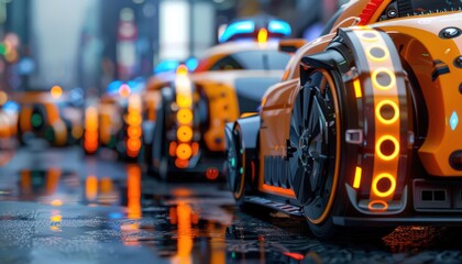 Obraz premium A close-up view of futuristic orange cars on a rainy city street, showcasing vibrant lights and sleek design.