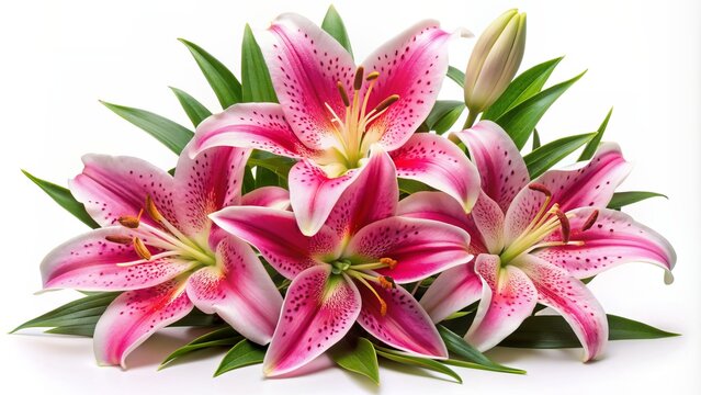 Delicate fresh cut pink oriental stargazer lily flowers in various stages of bloom, surrounded by lush green leaves, isolated on a clean white background.