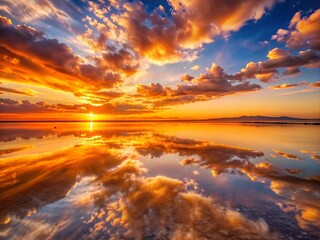 Fototapeta premium Vibrant orange hues dance across the salt flat landscape at sunset, mirrored perfectly in the calm pool of water, creating a surreal symmetrical paradise.