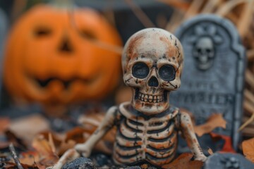 Skeleton figurine surrounded by autumn leaves, with a carved pumpkin and tombstone in the background, creating a spooky Halloween scene.
