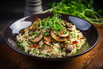 Delectable plate of creamy risotto topped with sautéed mushrooms and garnished with fresh herbs