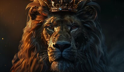 Obraz premium Majestic lion wearing a crown in dramatic lighting.