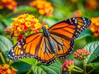 Fototapeta premium Vibrant orange monarch butterfly with delicate black veins sips nectar from a fragrant lantana flower on a warm sunny day surrounded by lush greenery.