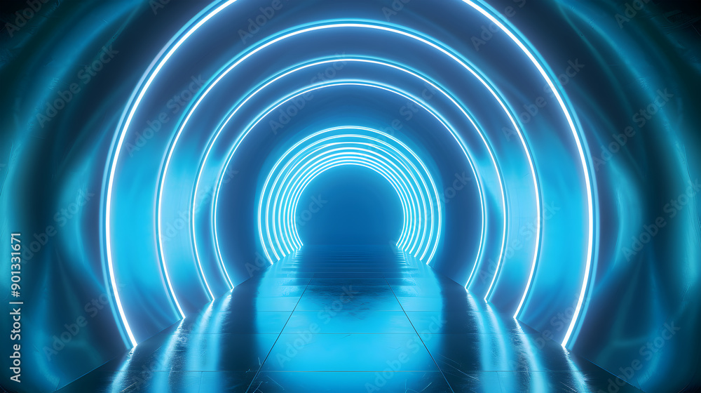Poster abstract tunnel, corridor with rays of light and new highlights. abstract blue background, neon. sce