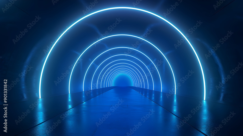 Poster abstract tunnel, corridor with rays of light and new highlights. abstract blue background, neon. sce