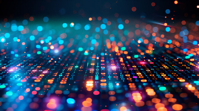 Abstract digital background with colorful binary code and bokeh lights - Powered by Adobe