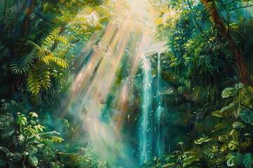 Fototapeta premium Lush Green Waterfall in Dense Tropical Rainforest with Sunlight Rays
