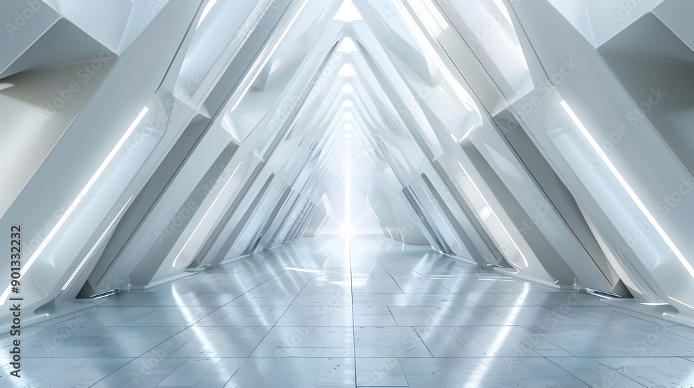 Poster abstract white futuristic triangle tunnel architecture. generative ai.