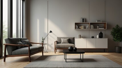 Aesthetic bright sunny elegant home living room interior design with comfortable lounge chair, hat, side table, flowers bouquet, shelf with decorations. interior design