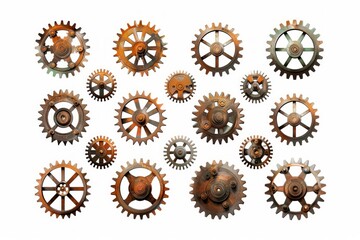 Collection of mechanical cogwheels on white background