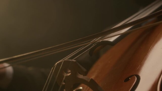 Closeup of unrecognizable elegant hand of cellist playing instrument with bow on dark background
