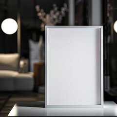 A closeup of a white poster frame mockup standing in a beautiful dark theme home, picture taken from a low perspective, and bokeh background.