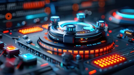 Naklejka premium Futuristic control panel featuring vibrant neon lights and intricate buttons, perfect for technology and music themes.