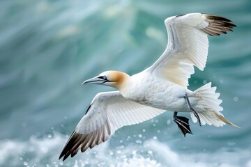 Obraz premium A majestic northern gannet diving into the ocean, with its wings folded back. 