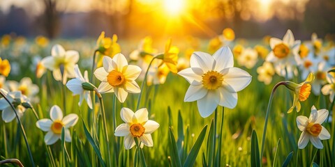 Obraz premium Vibrant yellow and white daffodils sway gently in a lush spring meadow, basking in warm sunlight, surrounded by soft green grass and delicate wildflowers.