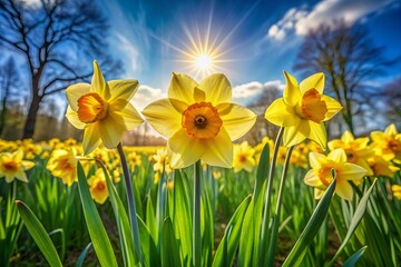 Obraz premium Vibrant yellow daffodils bloom in a lush green meadow, their trumpet-shaped centers shining brightly, surrounded by delicate stems and fresh foliage on a sunny day.