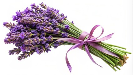 Beautiful bunch of fresh lavender flowers tied with a rustic ribbon, isolated on a transparent background, showcasing its delicate purple hues and soothing aroma.