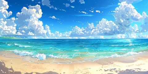 Panoramic Anime Beach with Clear Blue Waters