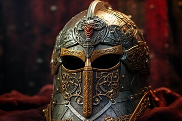 Close-up of an ornate medieval warrior helmet against a dark, moody backdrop