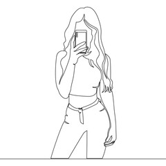 Continuous one single line drawing modern girl blogger photographs herself in mirror. An attractive young woman takes selfie on mobile phone camera icon vector illustration concept