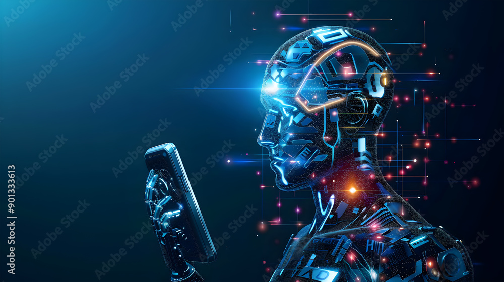 Poster ai, machine learning, hands of robot and human touch on big data network, brain data creative in lig